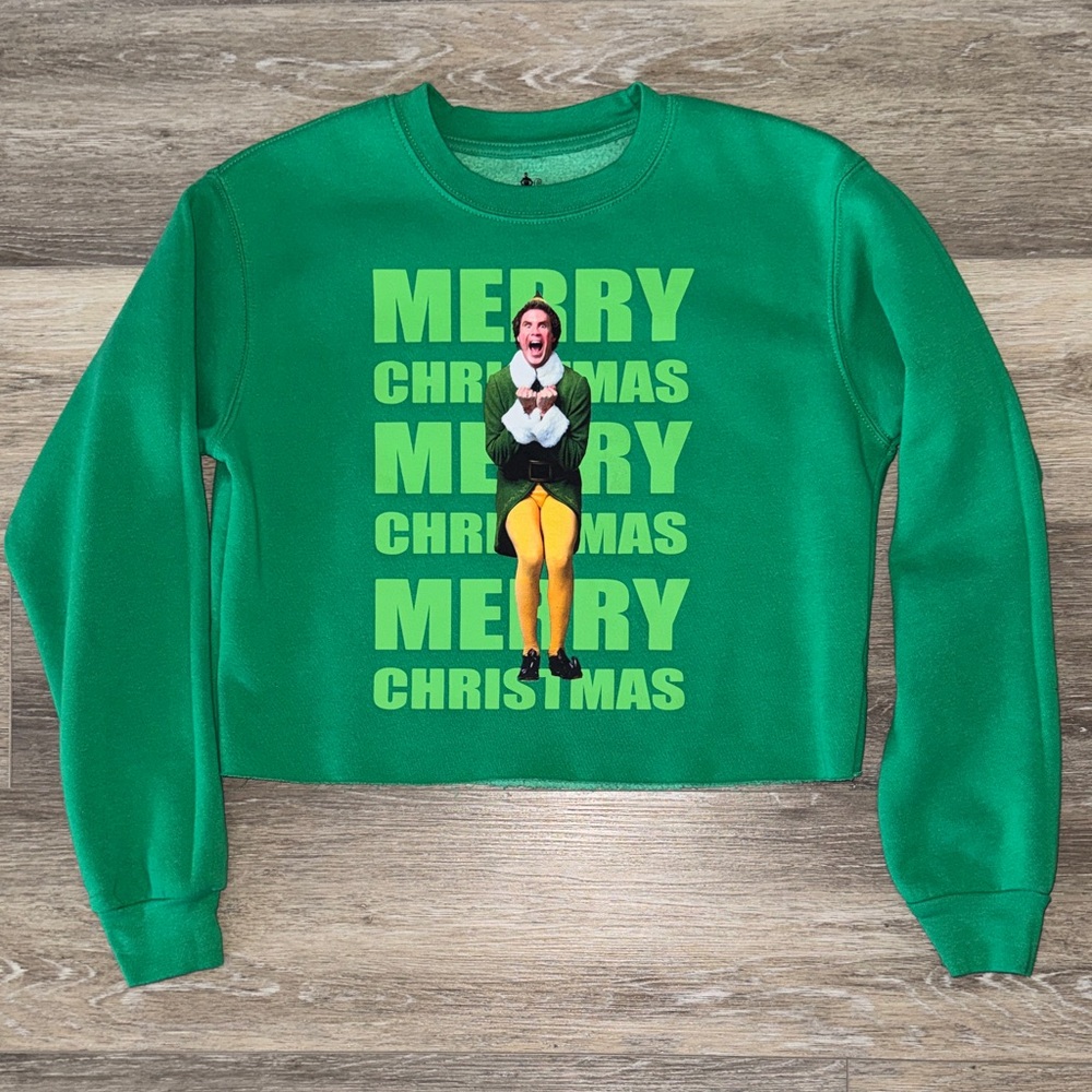 ELF Green Merry Christmas Cropped  Sweatshirt NWOT